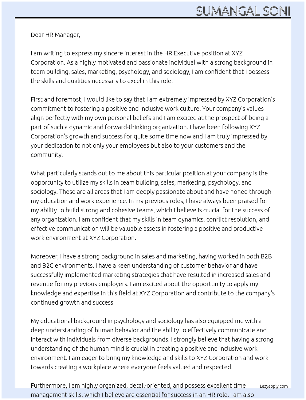 HR Executive  At XYZ Corporation  Cover Letter