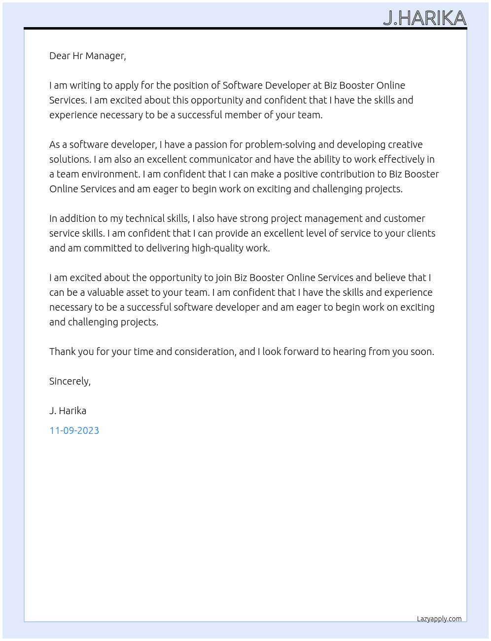 Software developer  At Biz Booster Online services  Cover Letter