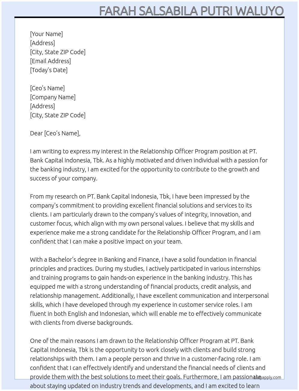 Relationship Officer Program At PT. Bank Capital Indonesia, Tbk Cover Letter