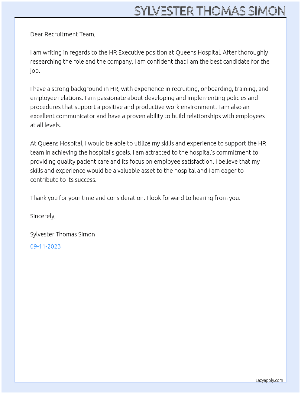 HR Executive At Queens Hospital Cover Letter