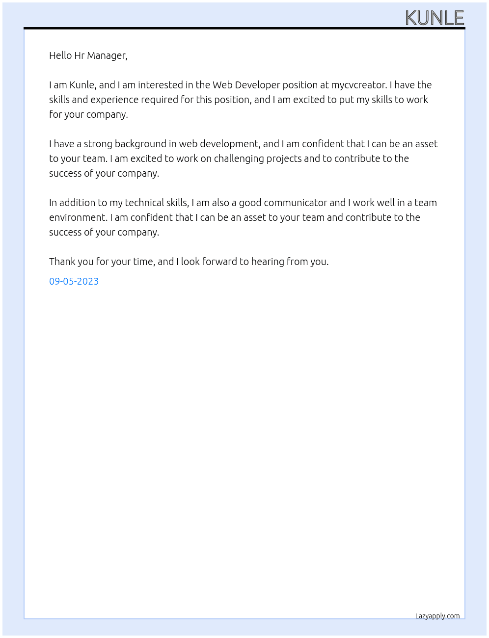 Web Developer  At mycvcreator Cover Letter