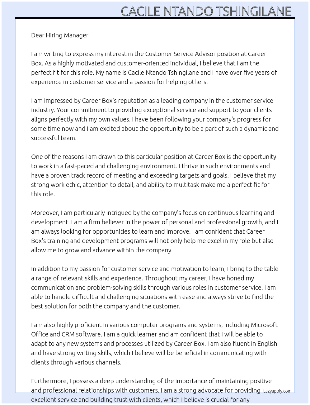 Customer service advisor  At Career box Cover Letter