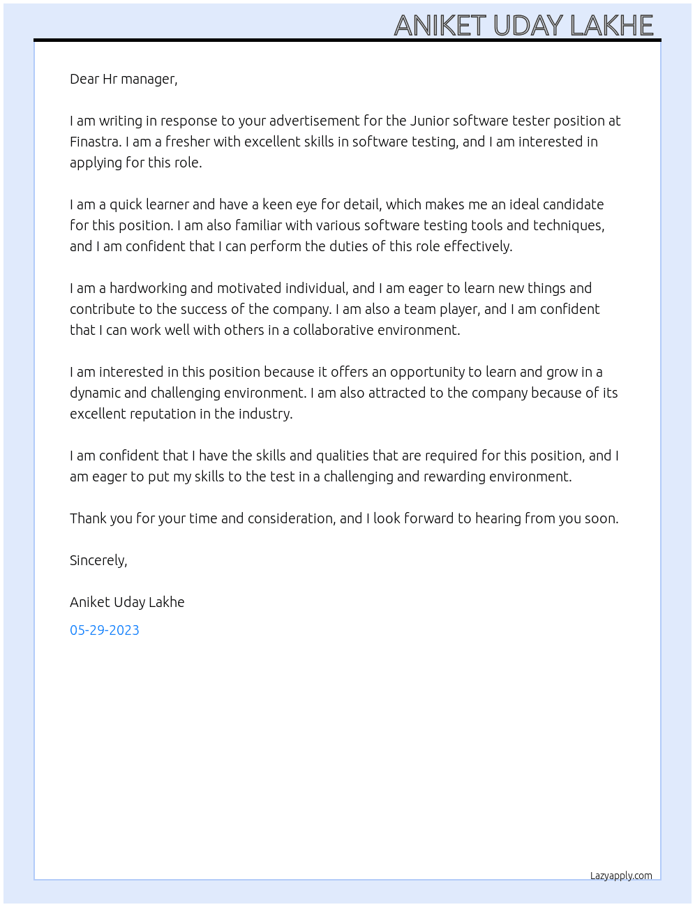 Junior software tester At Finastra Cover Letter