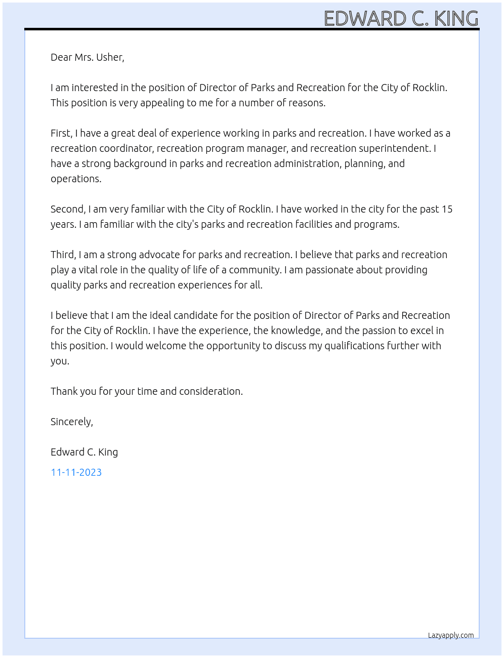 Director of Parks and Recreation At City of Rocklin Cover Letter