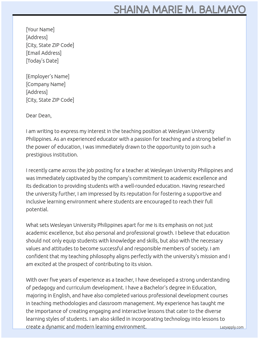 teacher At Wesleyan University Philippines Cover Letter