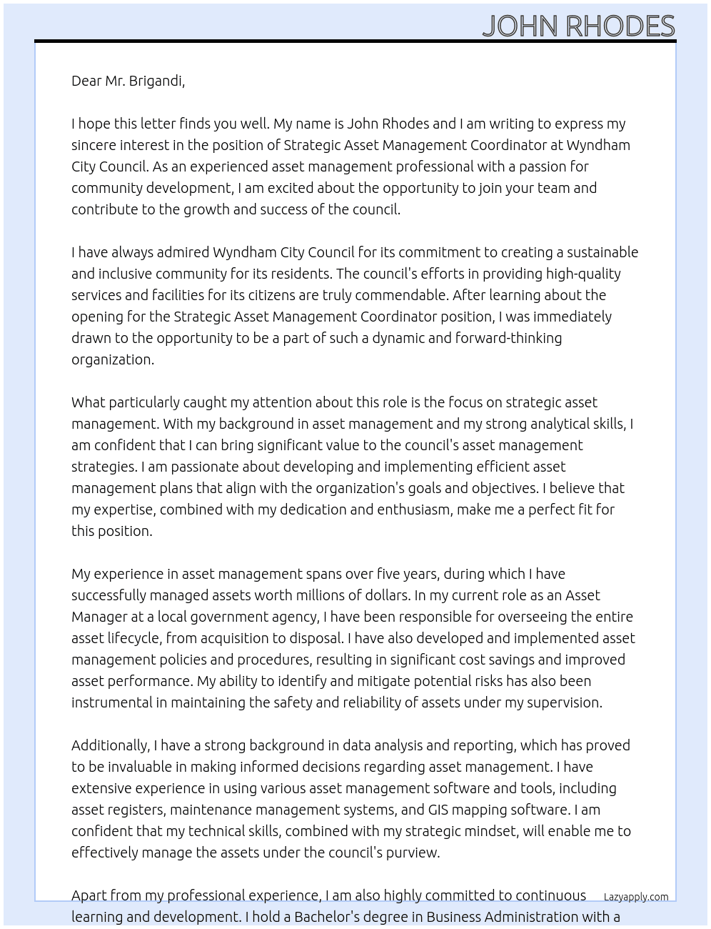 Strategic Asset Management Coordinator At Wyndham City Council Cover Letter