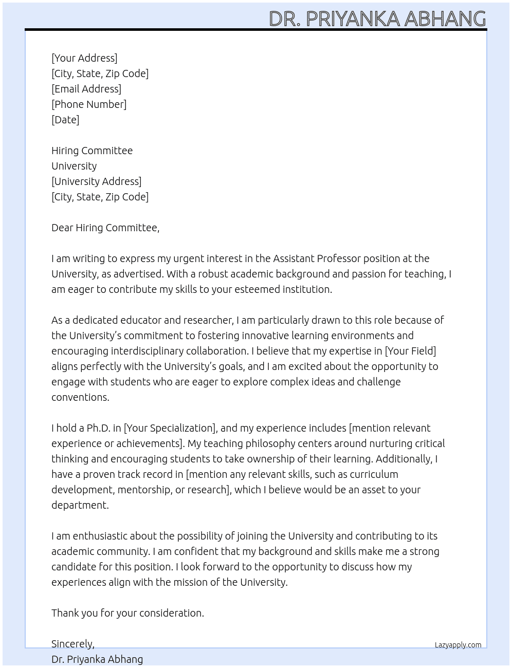 Assistant Professor At University Cover Letter