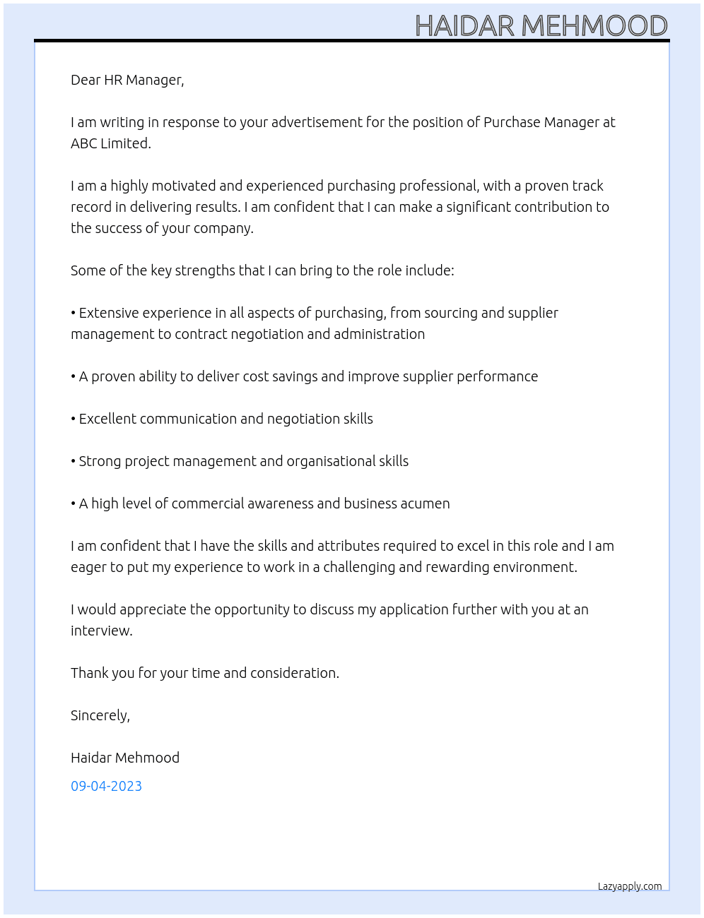 Purchase Manager At ABC Limited Cover Letter