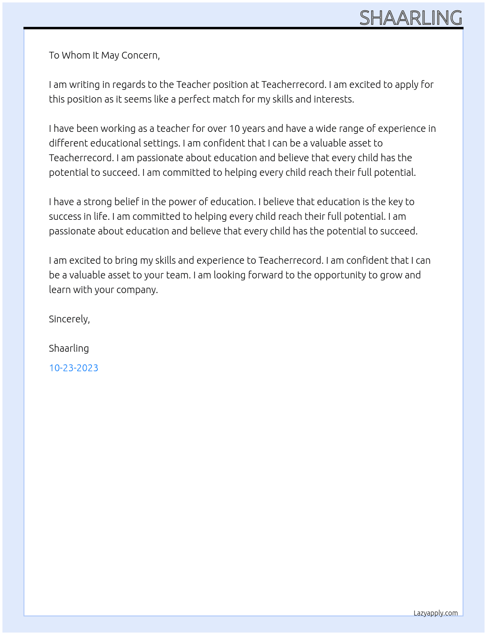 Teacher At Teacherrecord Cover Letter
