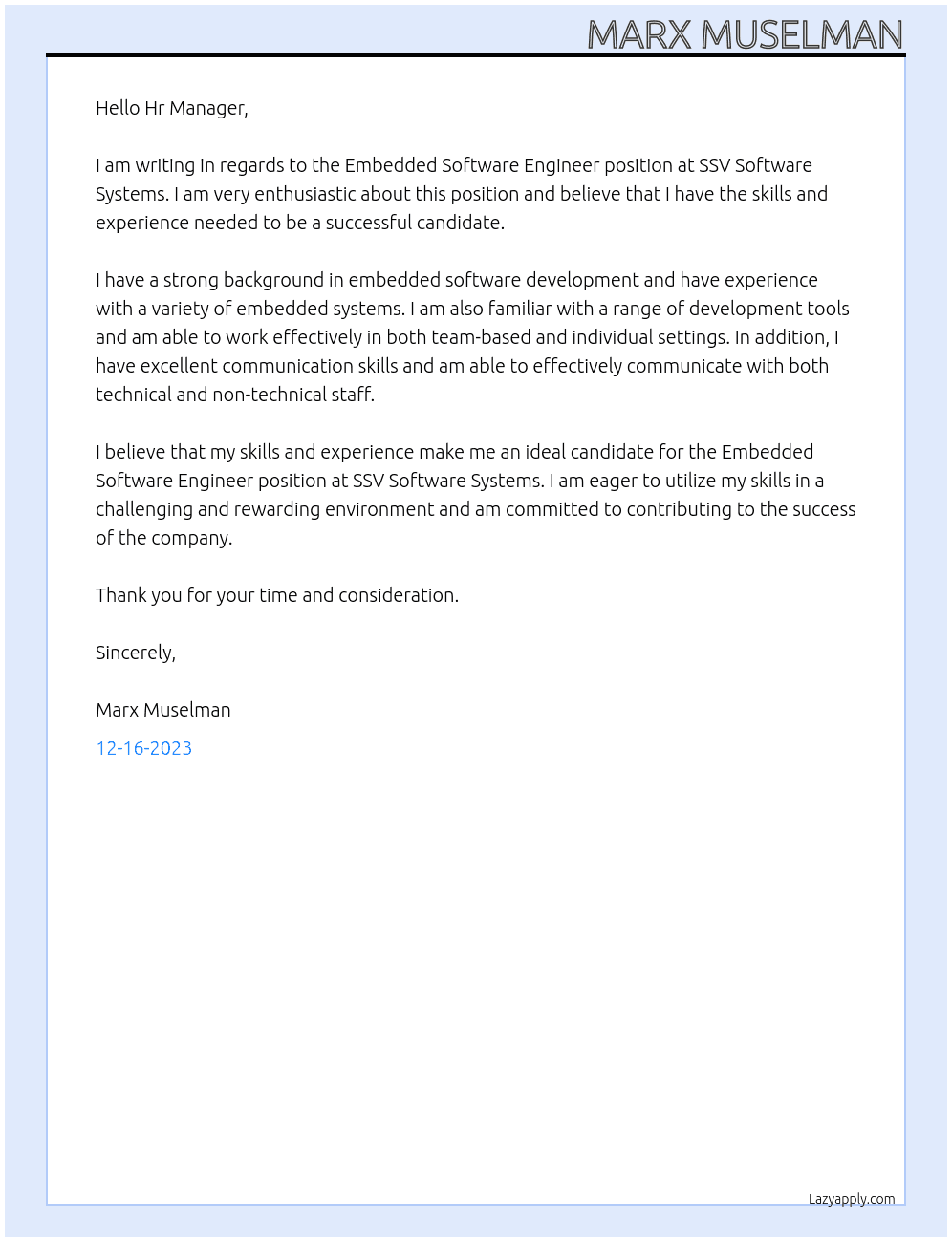 Embedded Software Engineer  At SSV Software Systems  Cover Letter