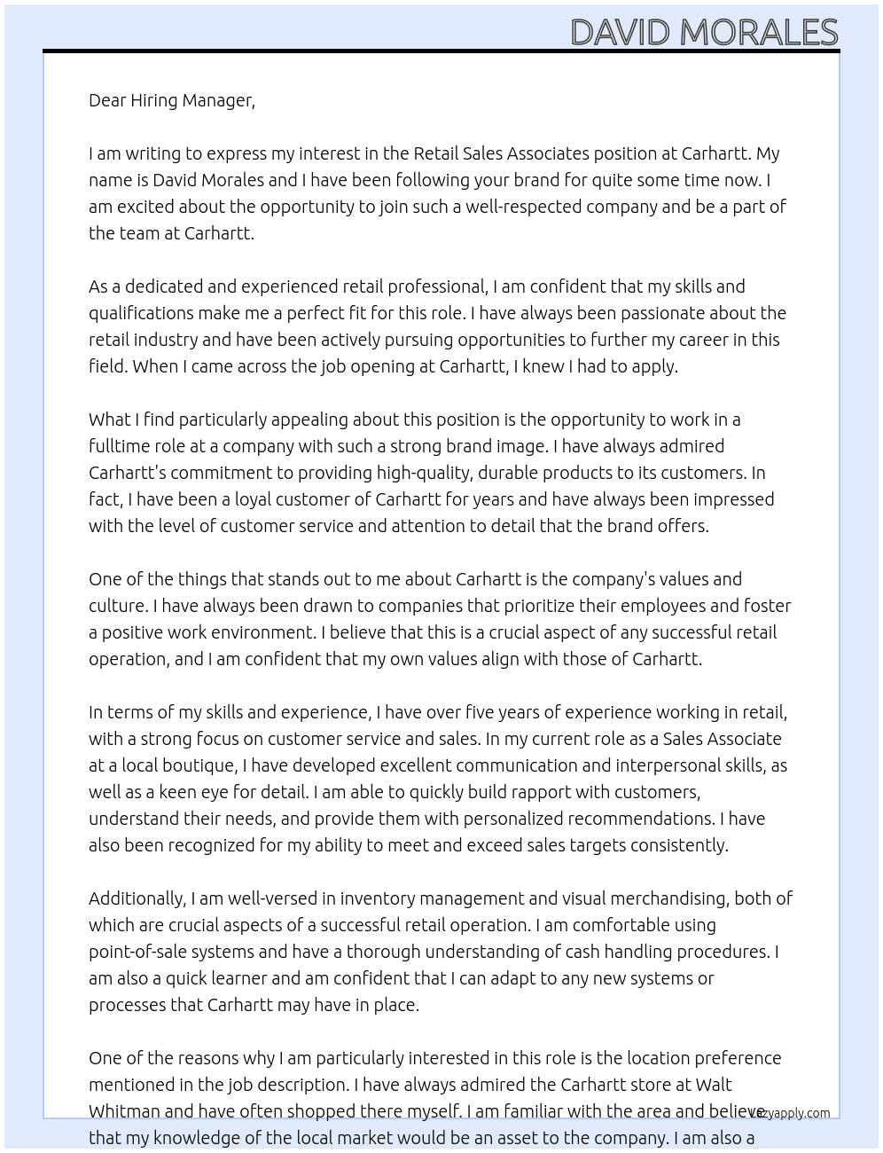 Retail Sales Associates At Carhartt Cover Letter