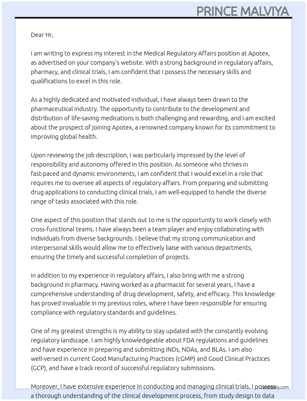 Medical regulatory affairs  At Apotex Cover Letter