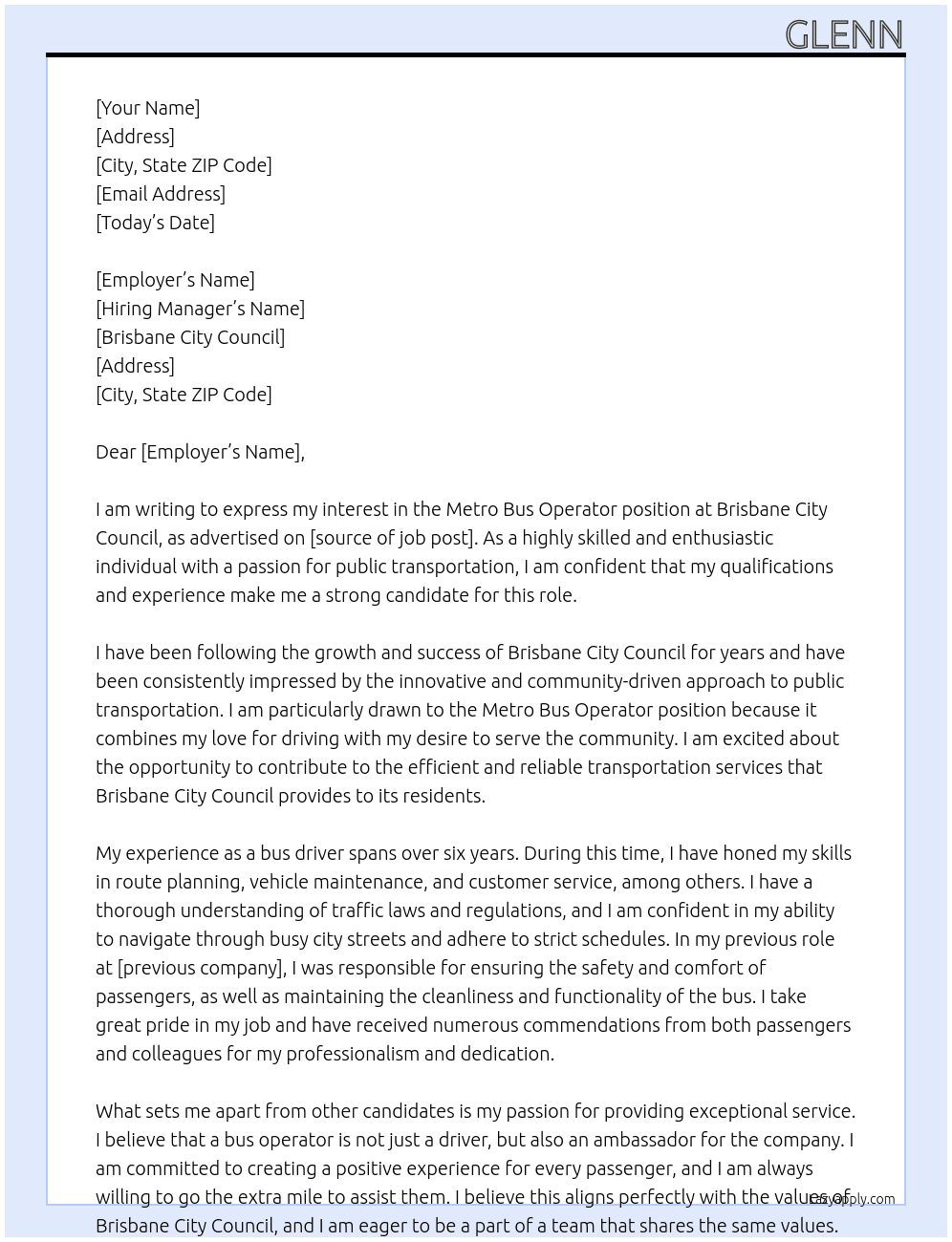 Metro Bus operator At brisbane city council Cover Letter