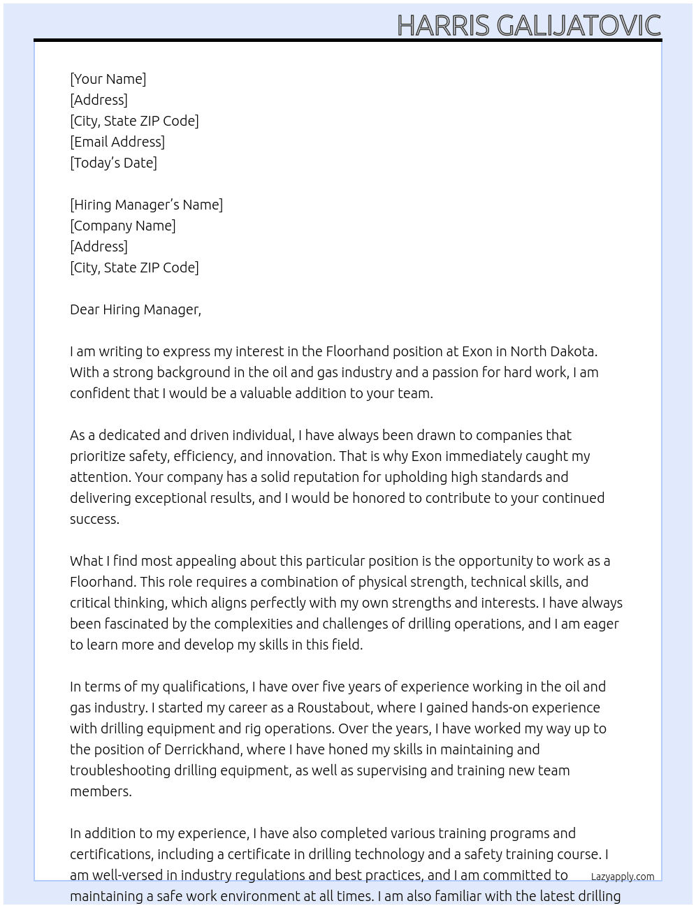 Floorhand At Exon Cover Letter