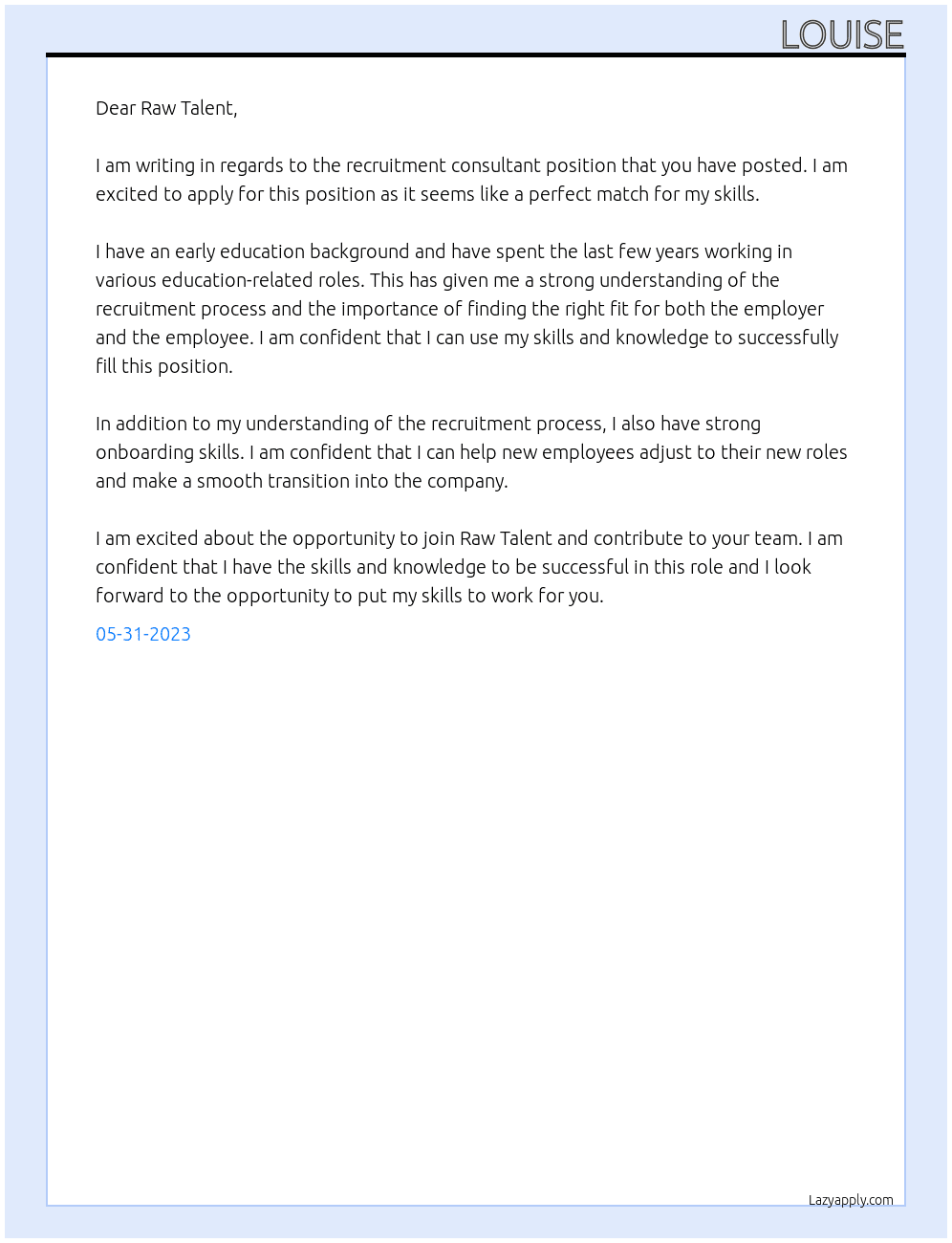 recruitment consultant At Raw Talent Cover Letter