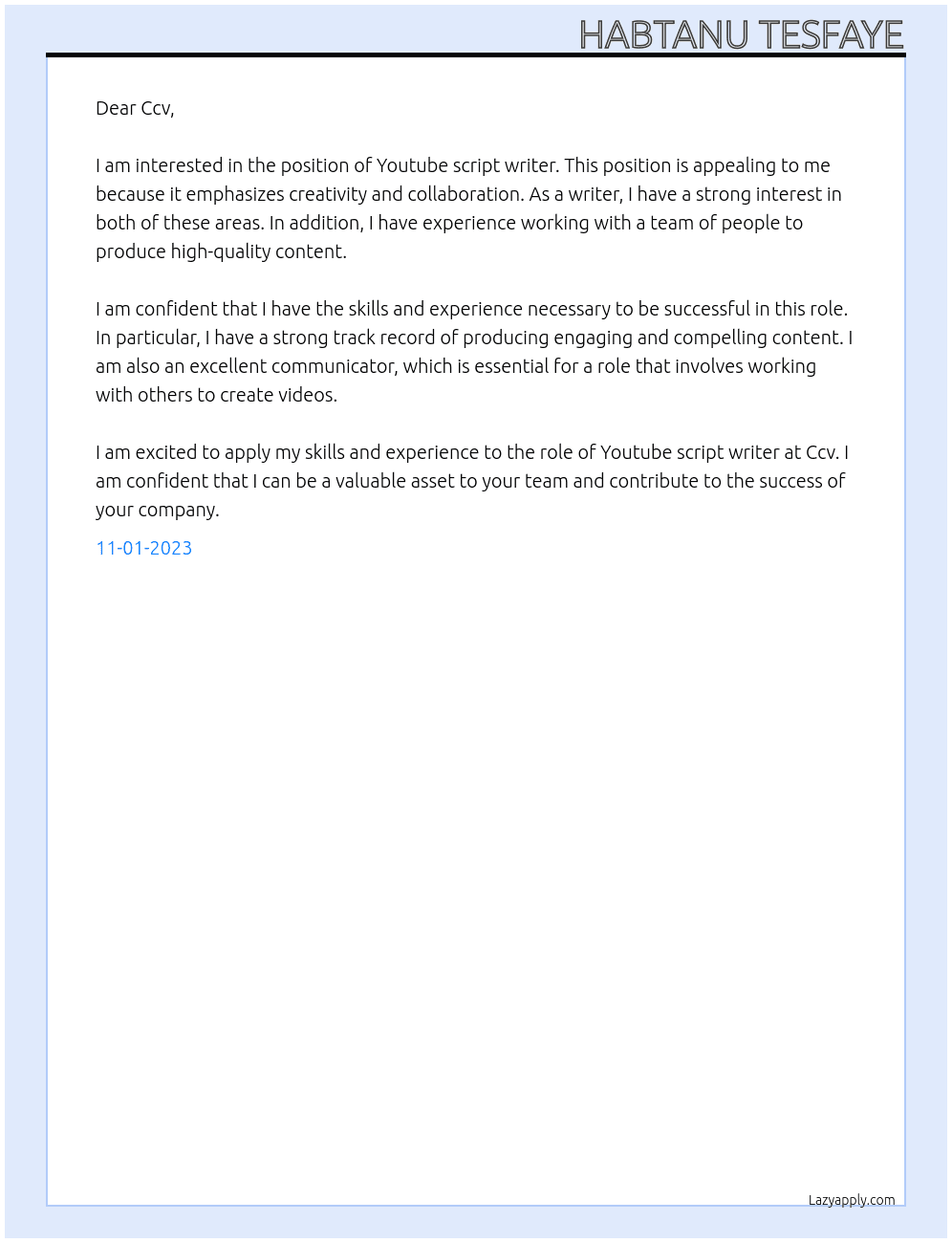 Youtube script writer  At Ccv Cover Letter