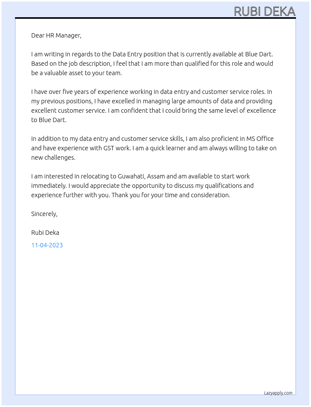 Data Entry Job At Blue Dart Cover Letter