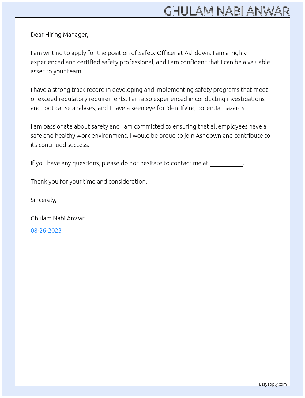 Safety Officer  At Ashdown Cover Letter