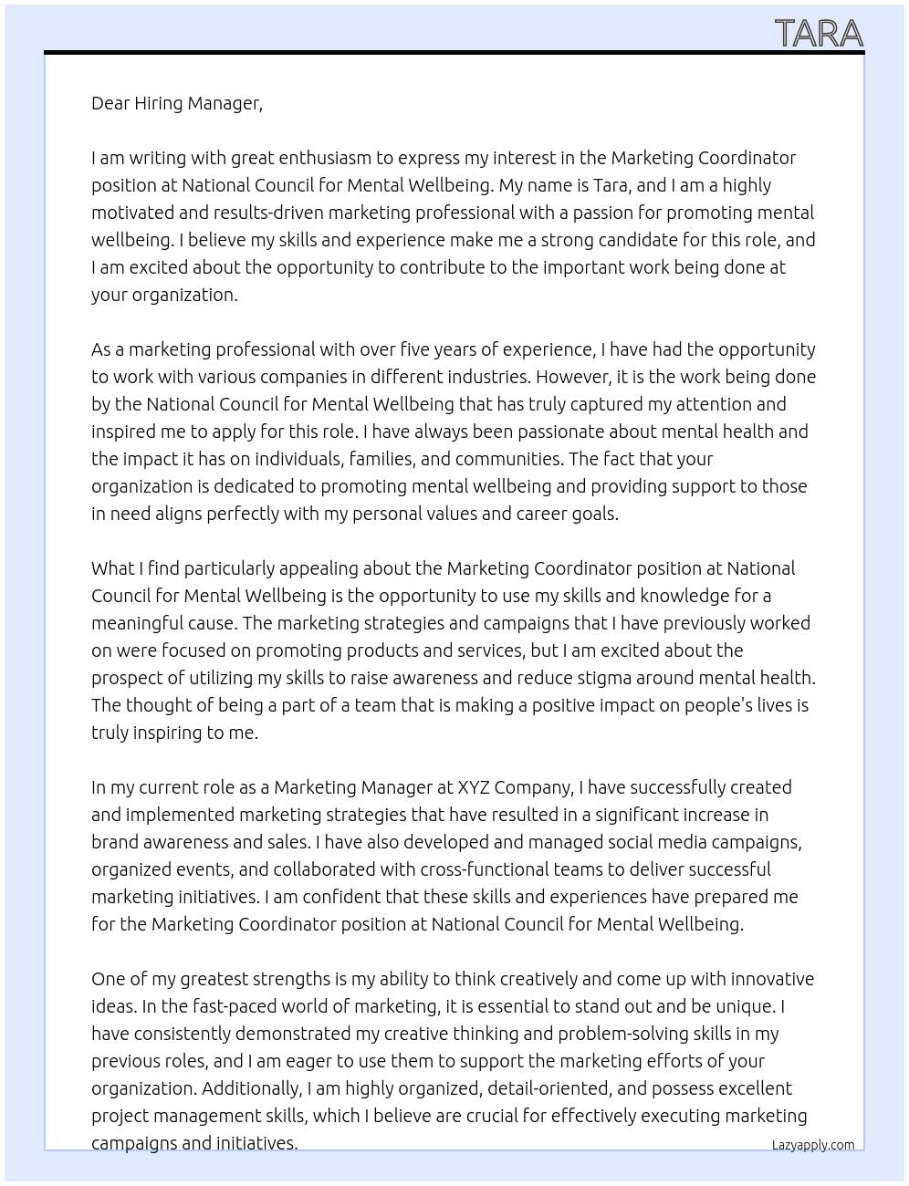 Marketing Coordinator At National Council for Mental Wellbeing i Cover Letter