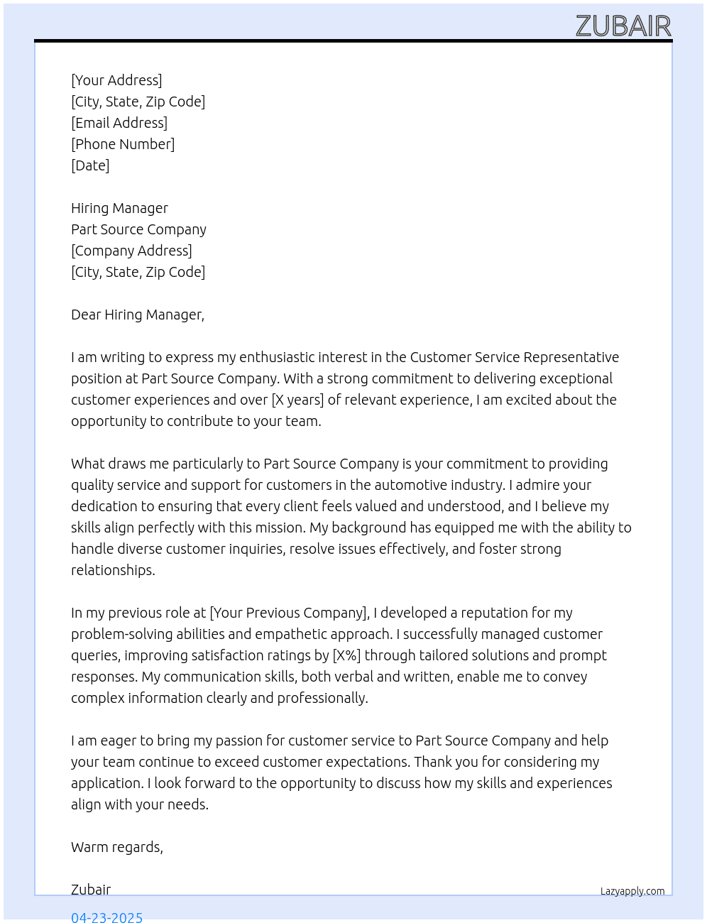 Customer service representative  At Part source company  Cover Letter