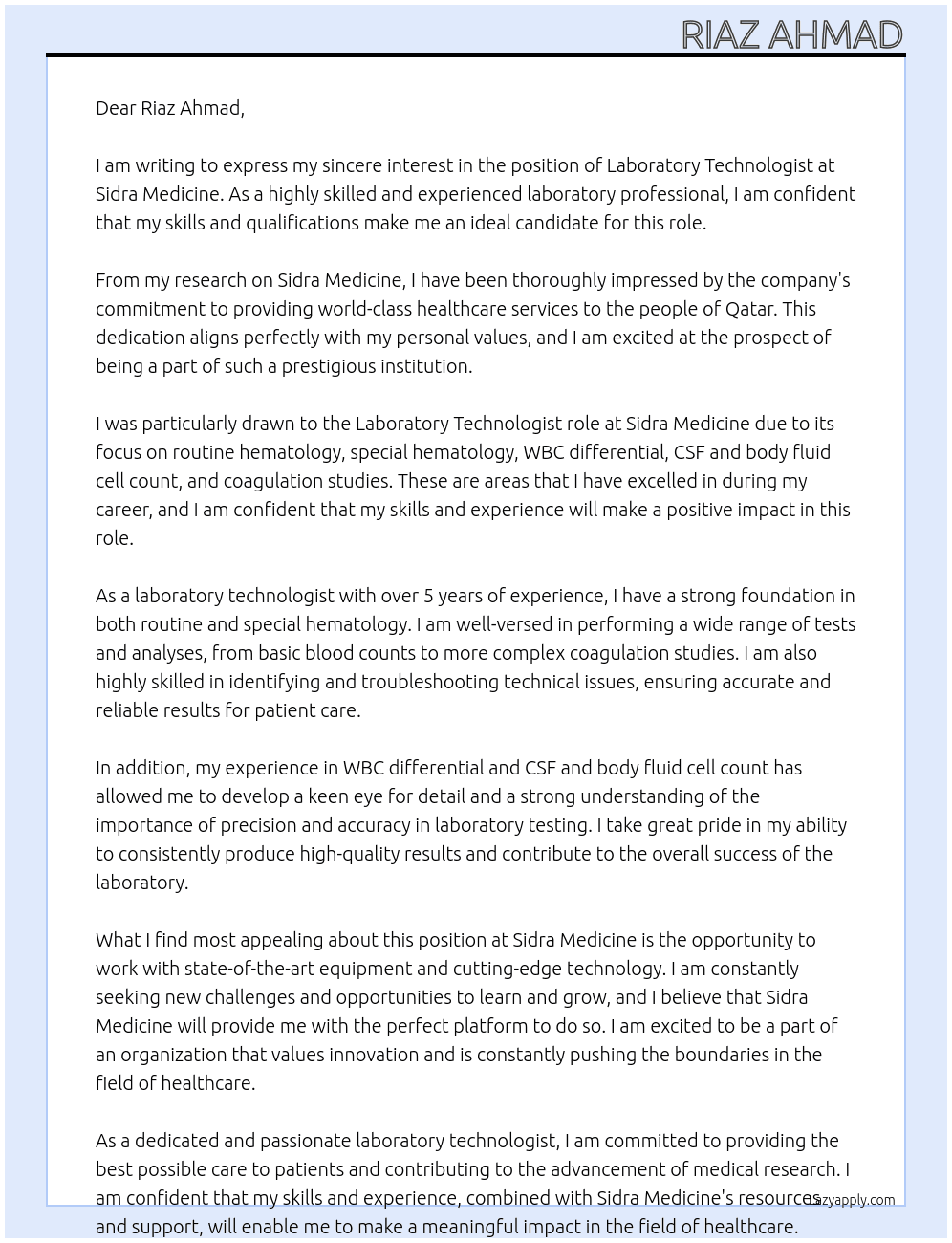 Laboratory Technologist At Sidra Medicince Cover Letter