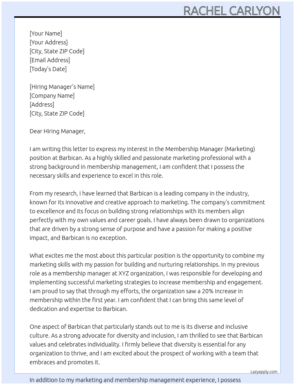 Membership Manager (Marketing) At Barbican Cover Letter