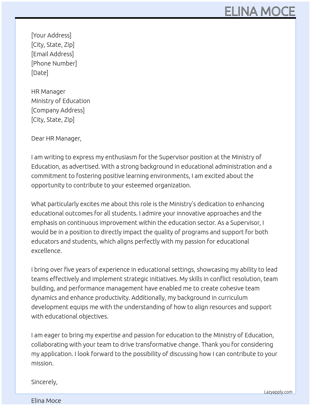 Supervisor At Ministry Of Education Cover Letter