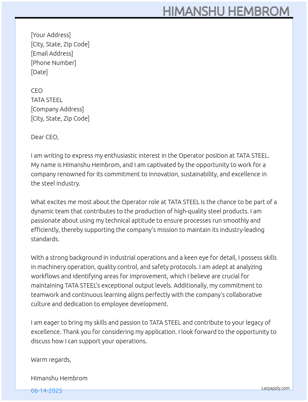 Operator  At TATA STEEL  Cover Letter