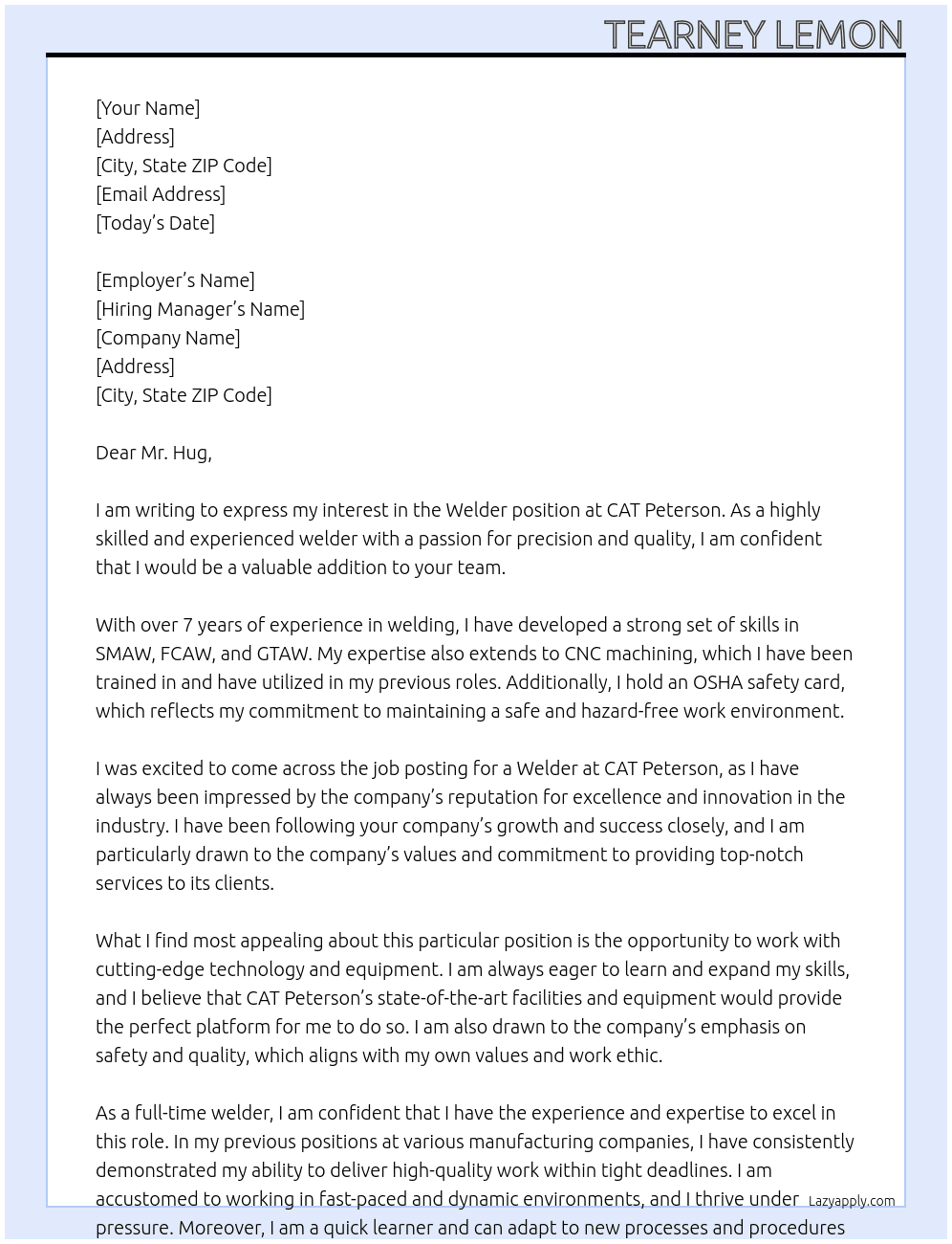Welder At CAT Peterson Cover Letter