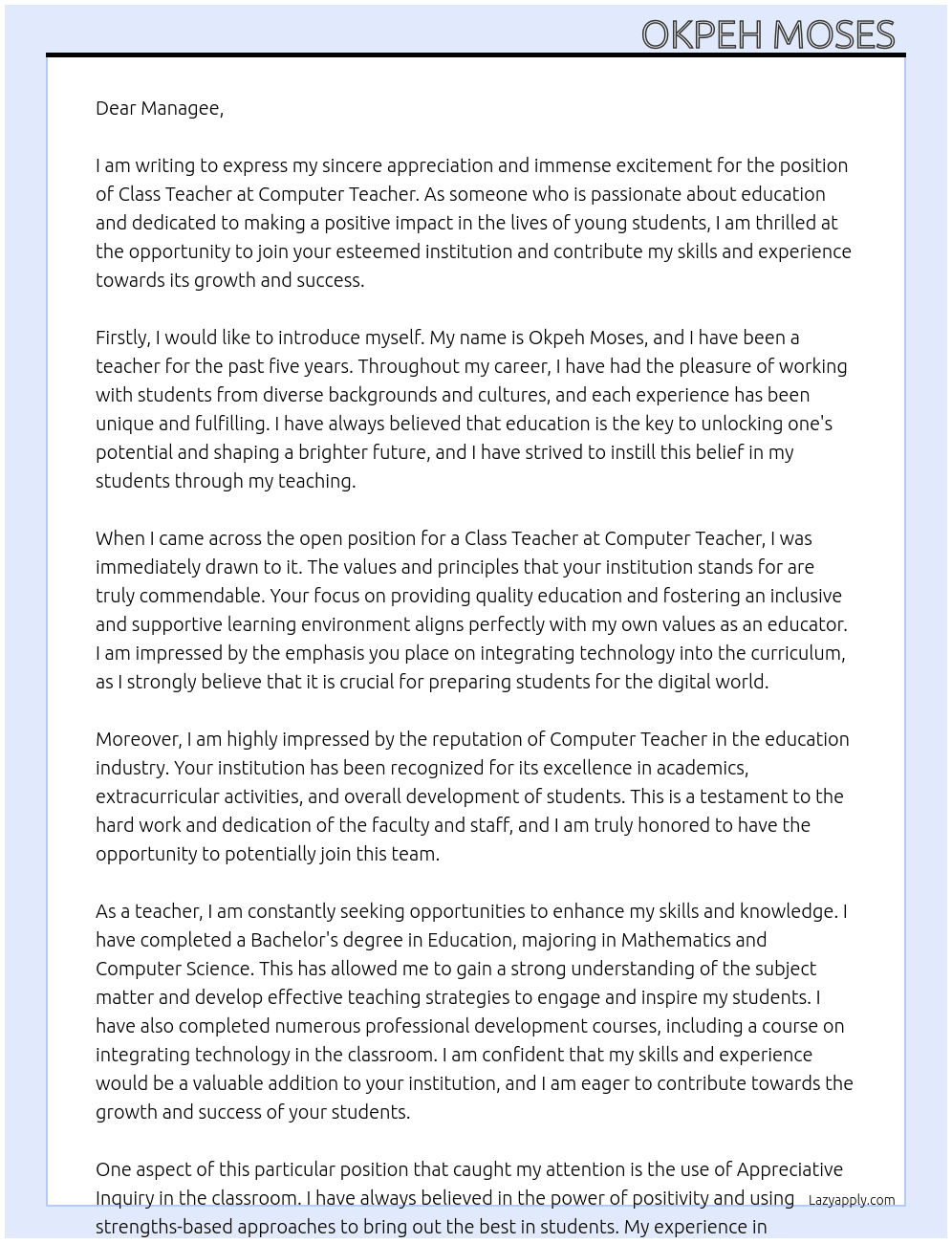 Class teacher  At Computer teacher  Cover Letter