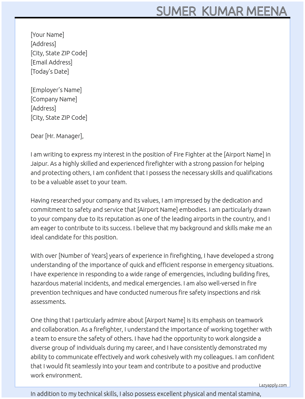 fire fighter At airport Cover Letter