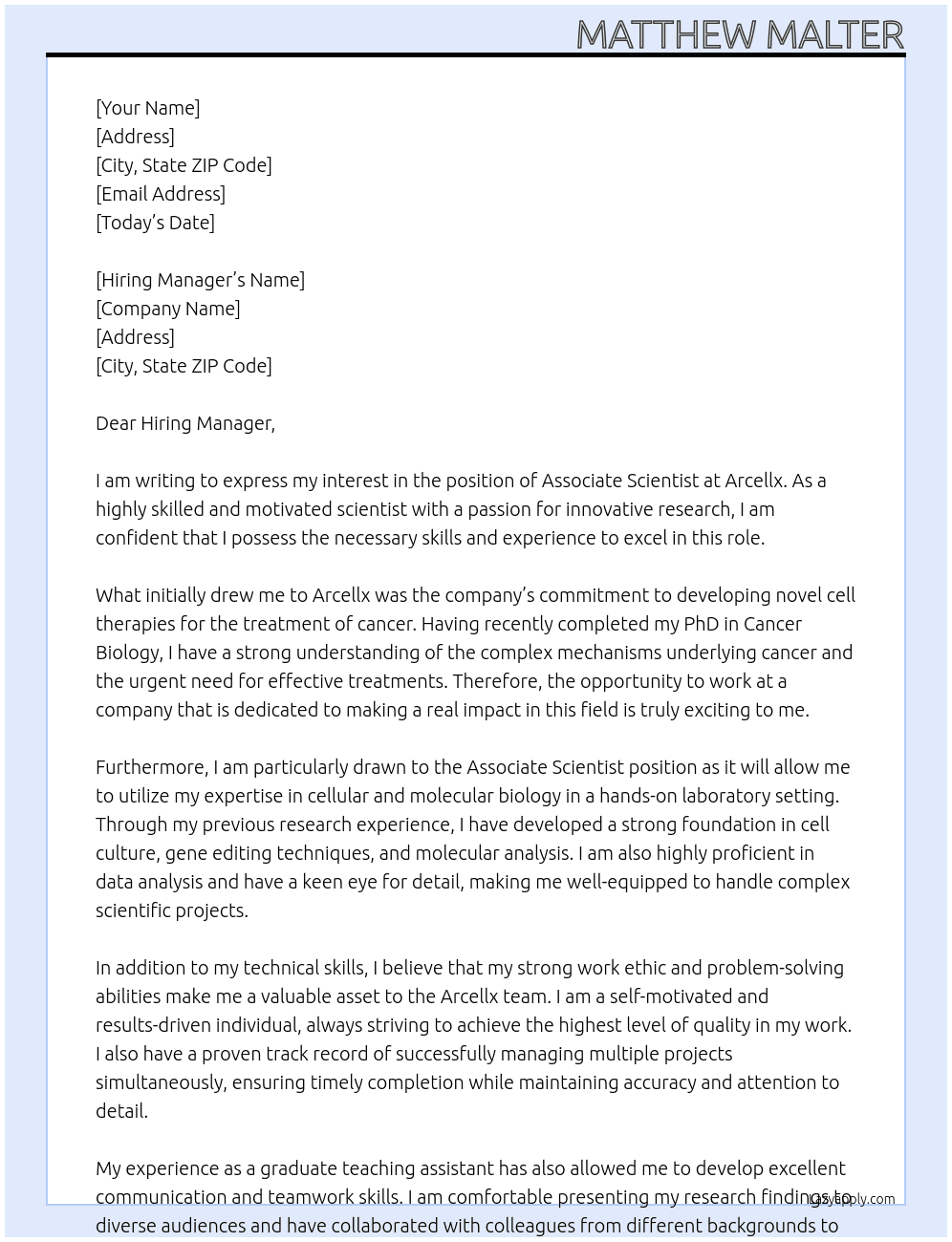 Associate Scientist At Arcellx Cover Letter