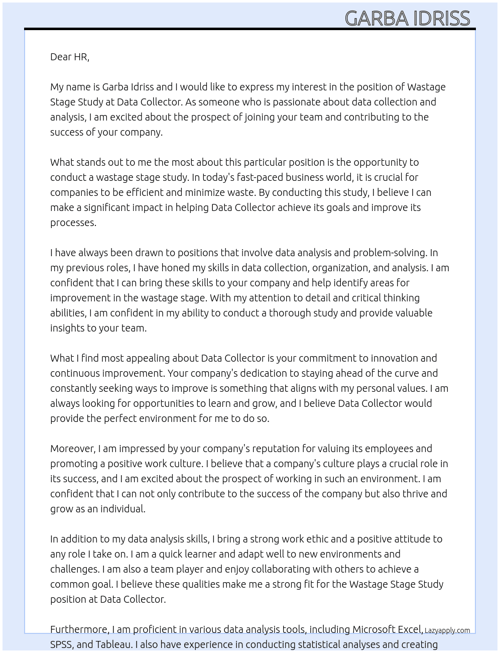 Wastage stage study  At Data collector Cover Letter