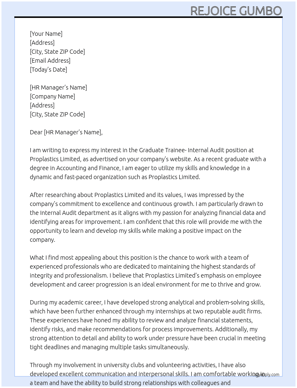 GRADUATE TRAINEE- INTERNAL AUDIT At Proplastics Limited Cover Letter