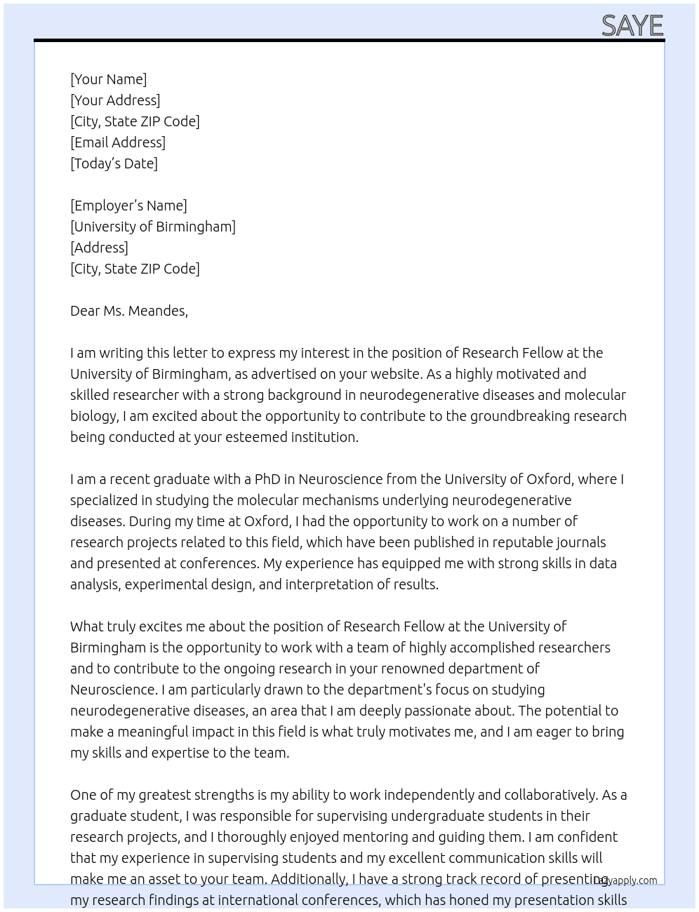 Research Fellow At University of Birmingham Cover Letter