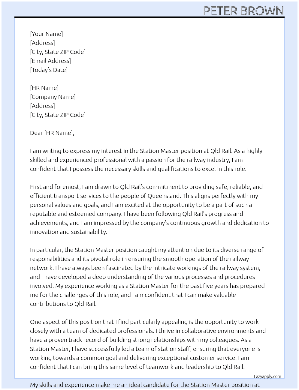 Station Master At Qld Rail Cover Letter