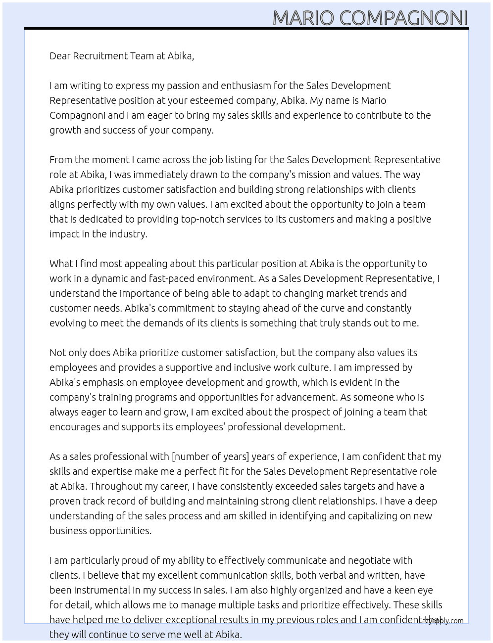 Sales Development Representative At Abika Cover Letter