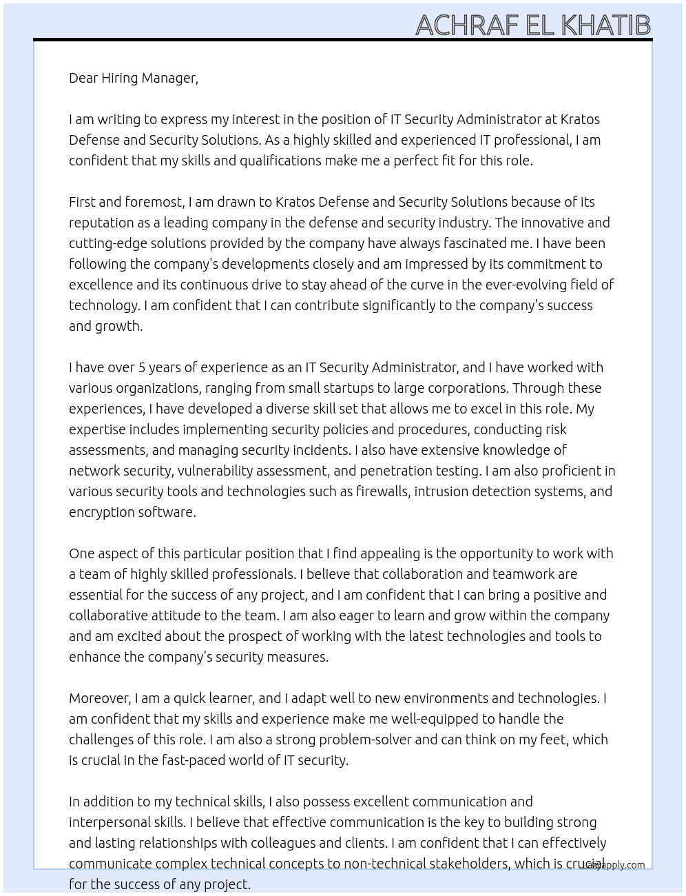 IT Security Administrator At Kratos Defense and Security Solutions Cover Letter