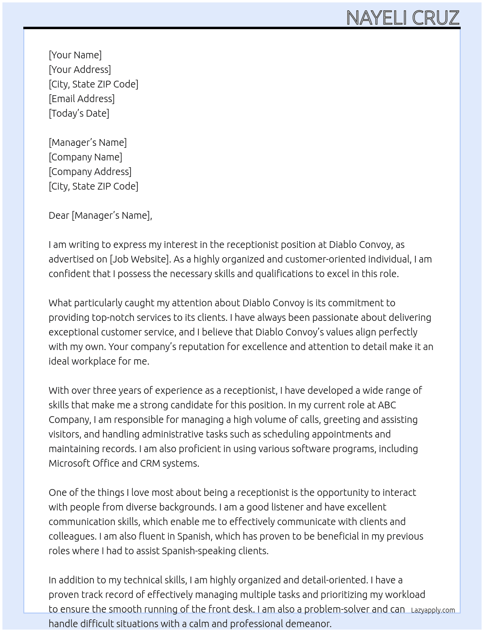 receptionist At diablo convoy Cover Letter
