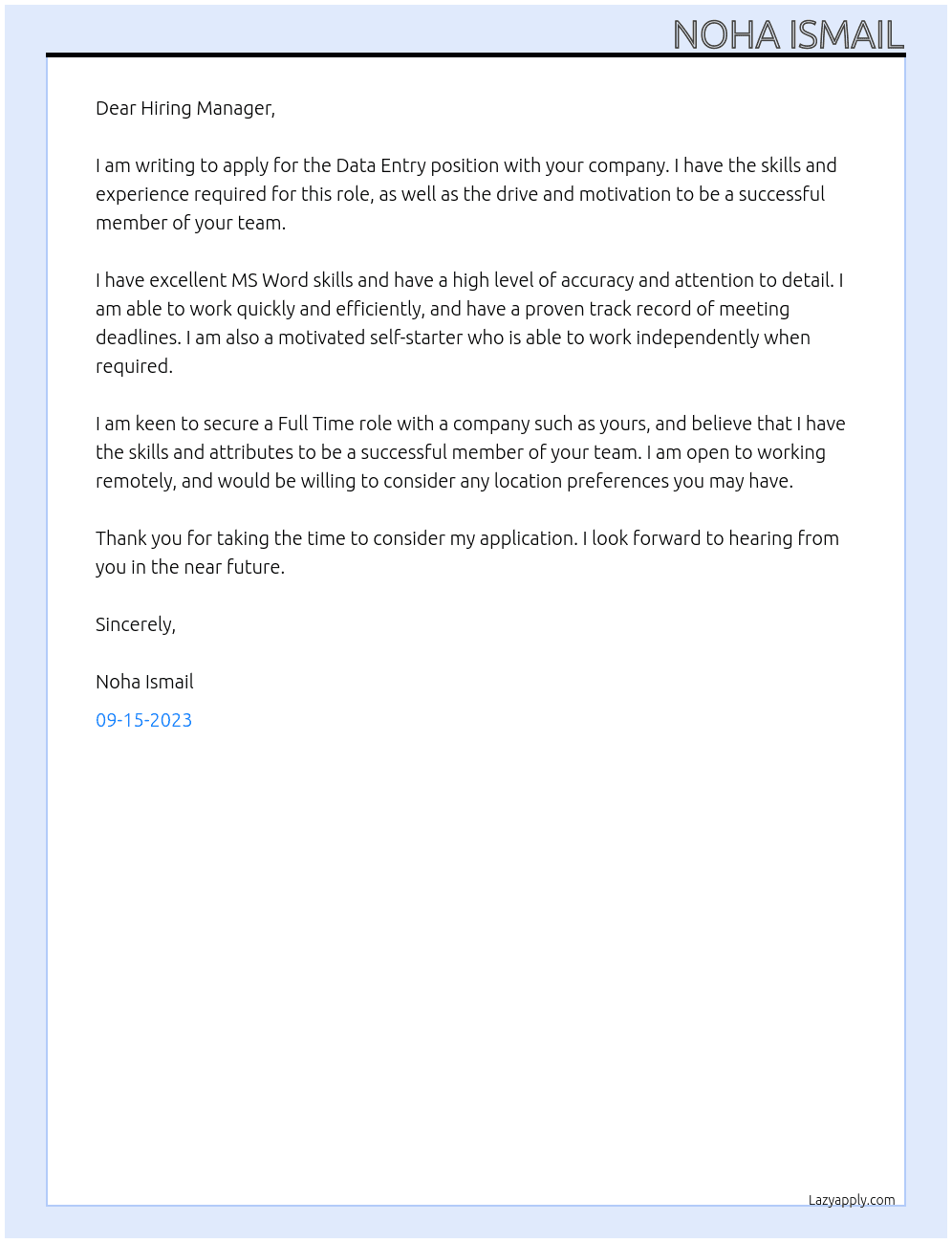 Data entry At Manager  Cover Letter