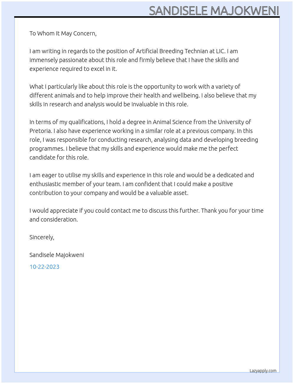Artificial breeding technian At LIC Cover Letter