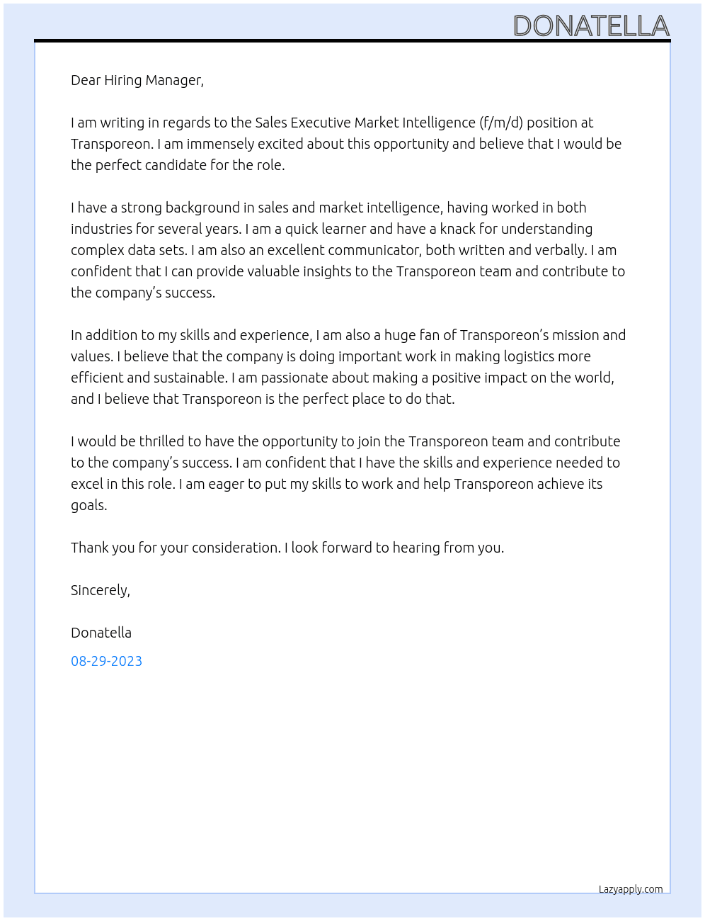 Sales Executive Market Intelligence (f/m/d) At Transporeon Cover Letter