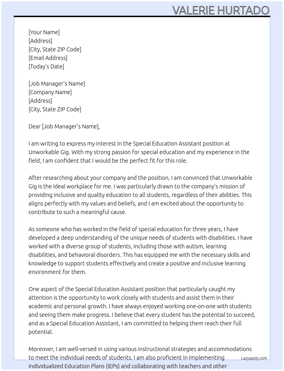 Special Education Assistant  At Unworkable Gig Cover Letter