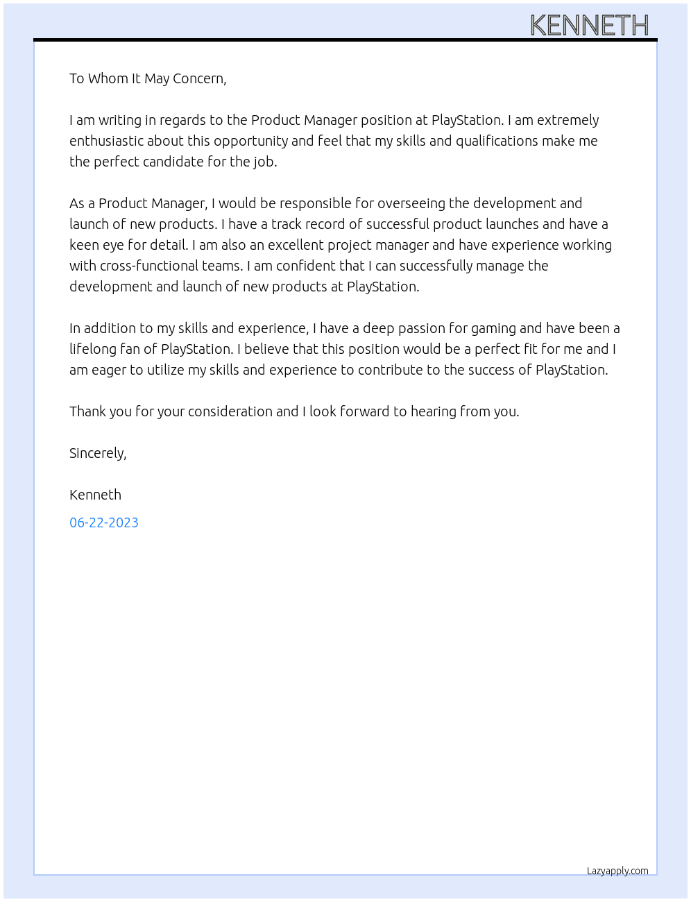 Product Manager  At PlayStation  Cover Letter