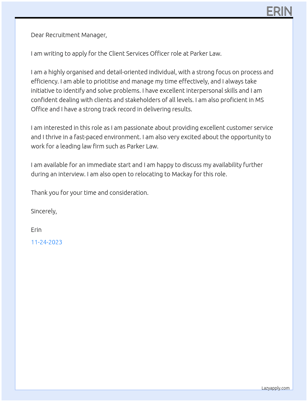 Client Services Officer At Parker Law Cover Letter
