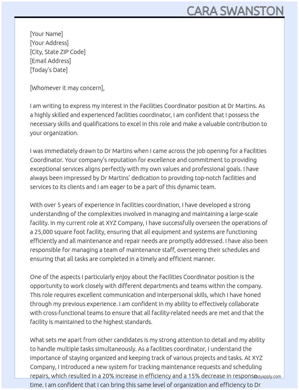 Facilities Coordinator At Dr Martins Cover Letter