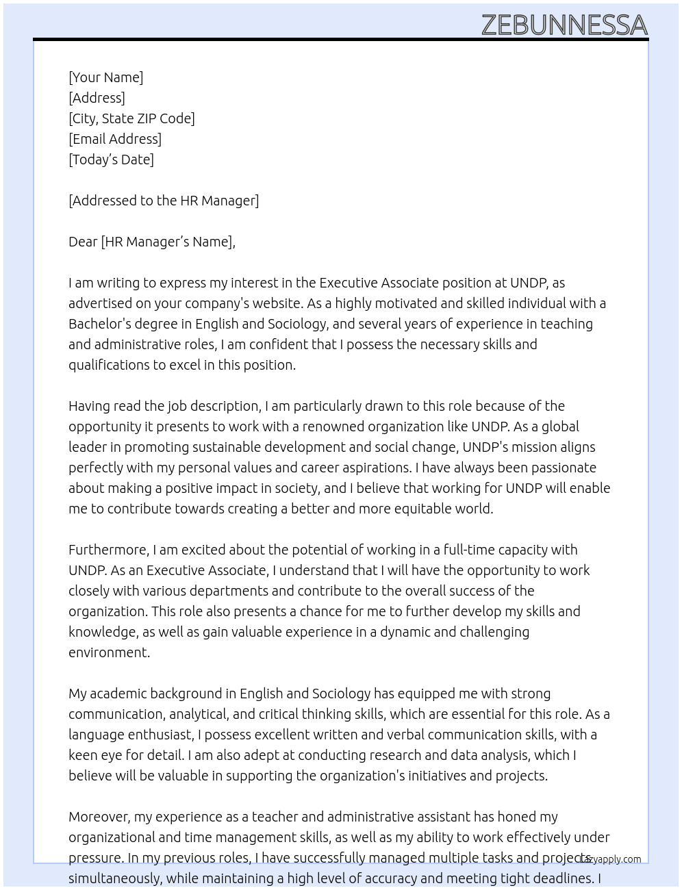 Executive Associate At undp Cover Letter