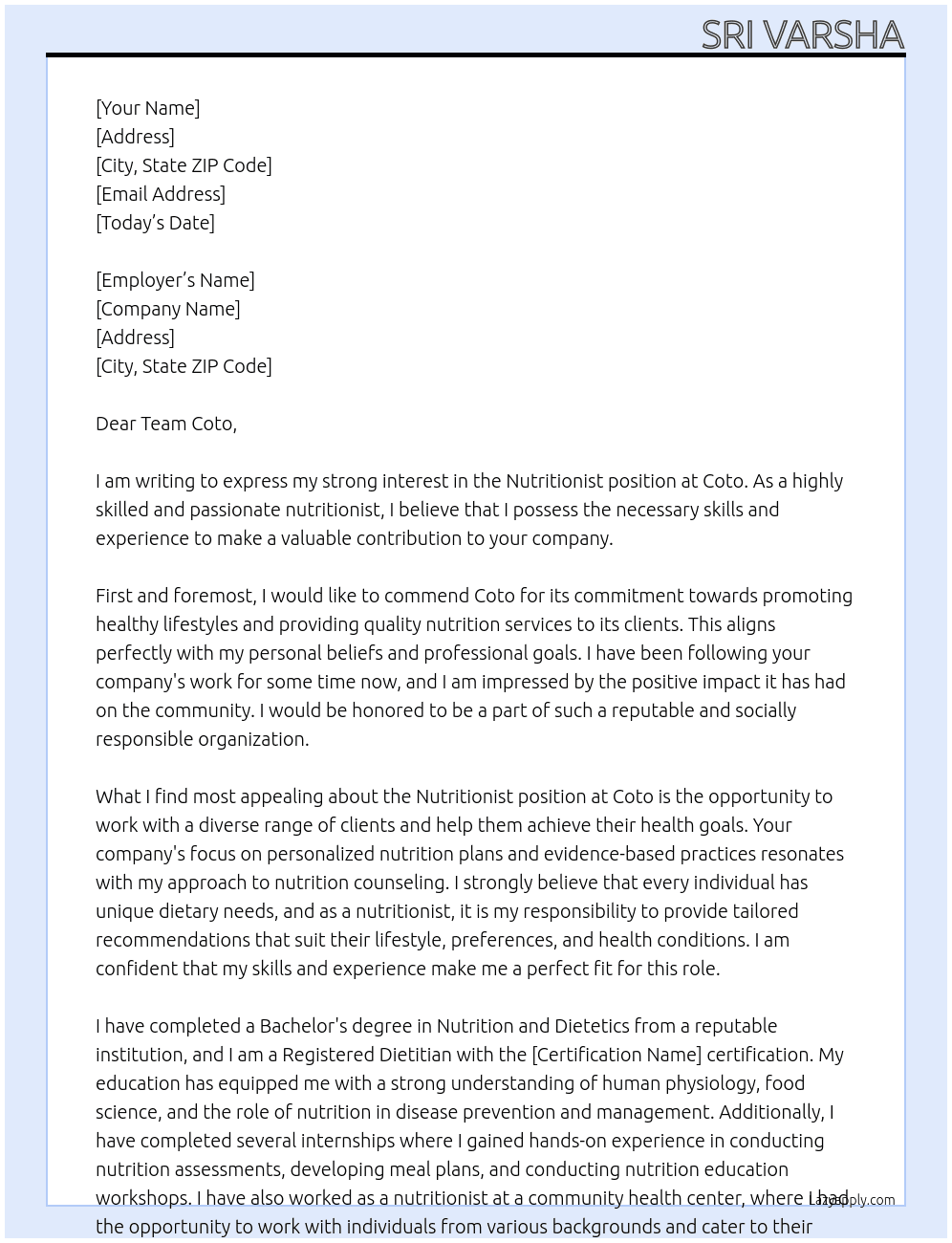 Nutritionist  At Coto Cover Letter