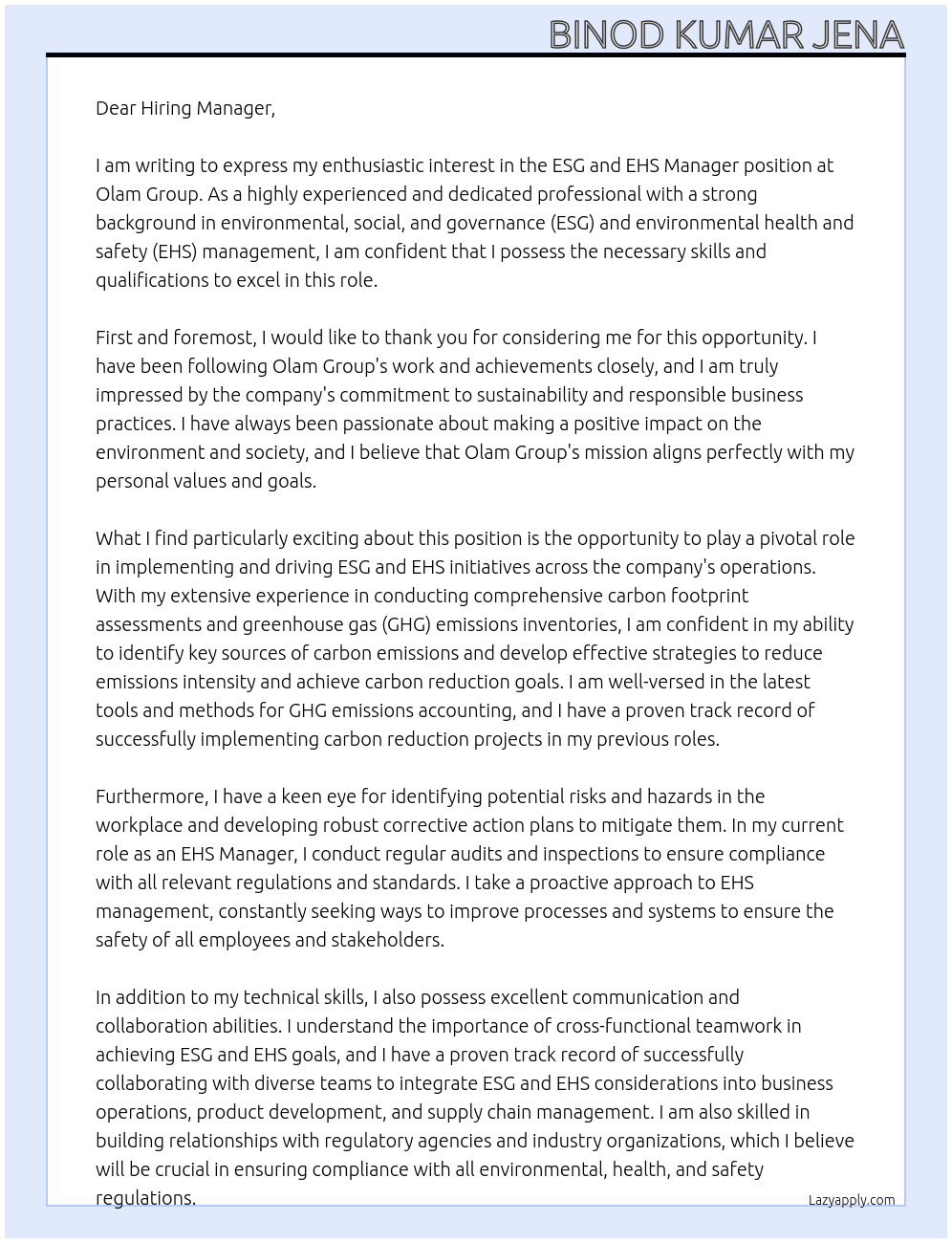 ESG and EHS Manager At Olam Group Cover Letter