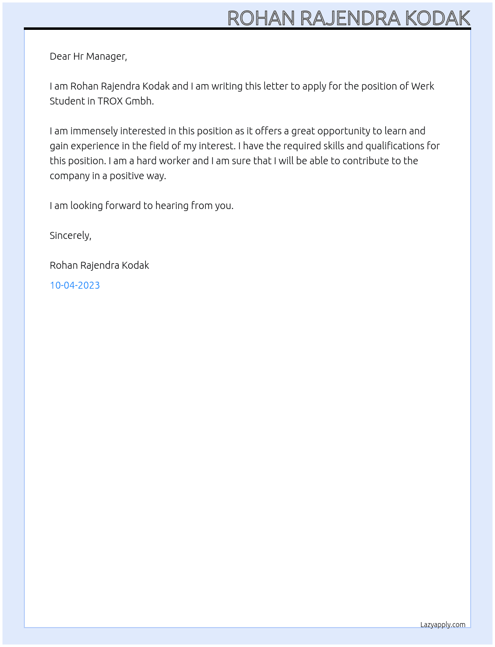 Werk Student At TROX Gmbh Cover Letter